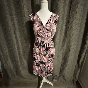Connected Apparel Pink and Black Leaf Print Midi Dress